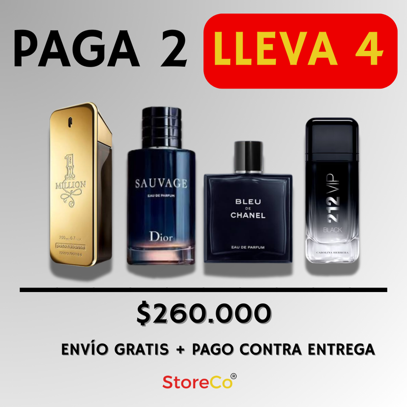 [COMBO DELUXE] KIT 4 Perfumes ONE MILLION | SAUVAGE | BLEU DE CHANEL| 212 VIP BLACK + Regalo Exclusivo